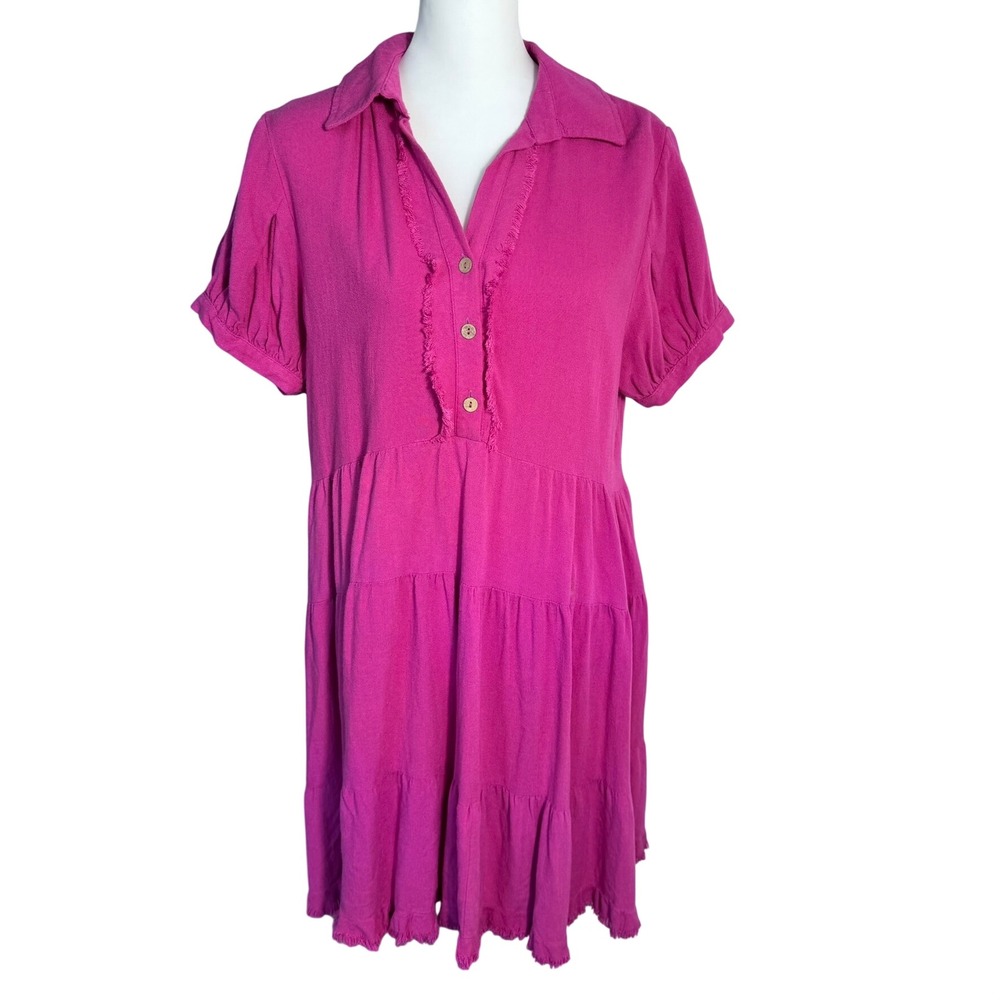 UMGEE NWT Women's Small Fuchsia Pink Linen Tiered Ruffle Puff Sleeve Shirt Dress